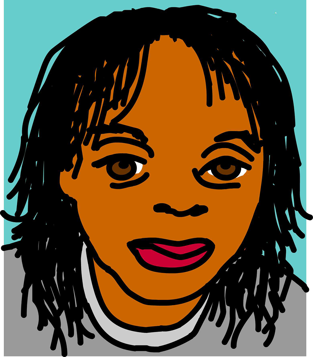A comic style drawing of artist Janette Parris