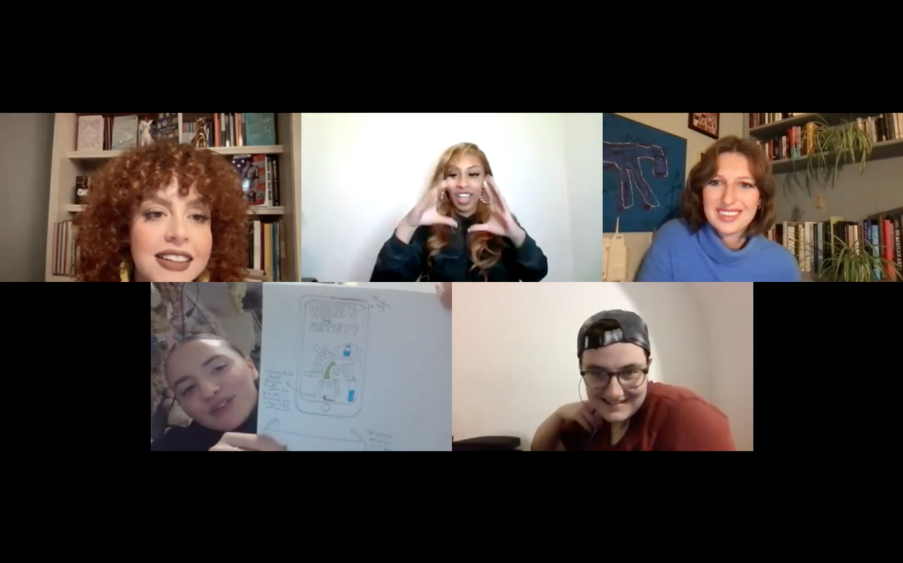 Screenshot from Zuleika Lebow’s Creative Approaches workshop on Zoom including from left-to-right, top-to-bottom: Zuleika Lebow (artist), Rachel Jones (British sign language interpretation), Katherine Finerty (curator and co-producer), Scarlett and Ali (Peckham Platform Youth Platform members)