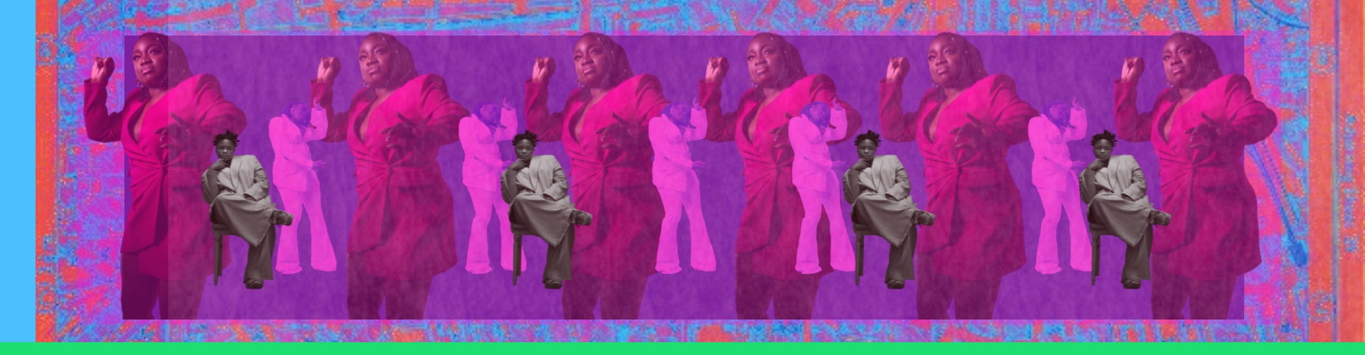 Lilac and fuchsia digital collage of studio portraits. A woman dancing and a person sitting. dancing i